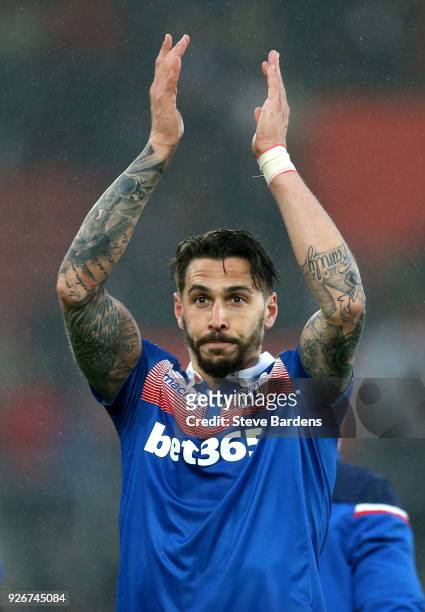 Geoff Cameron of Stoke City shows appreciation to the fans following the Premier League match between Southampton and Stoke City at St Mary's Stadium...