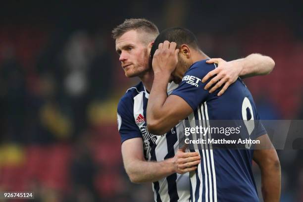 Chris Brunt and Salomon Rondon of West Bromwich Albion react after the defeat in the Premier League match between Watford and West Bromwich Albion at...