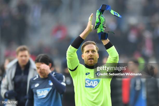 Goalkeeper Oliver Baumann of Hoffenheim applauds the fans after the Bundesliga match between FC Augsburg and TSG 1899 Hoffenheim at WWK-Arena on...