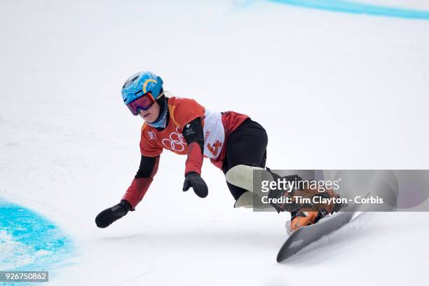 Julie Zogg of Switzerland in action during the Ladies' Snowboard Parallel Giant Slalom competition at Phoenix Snow Park on February 24, 2018 in...