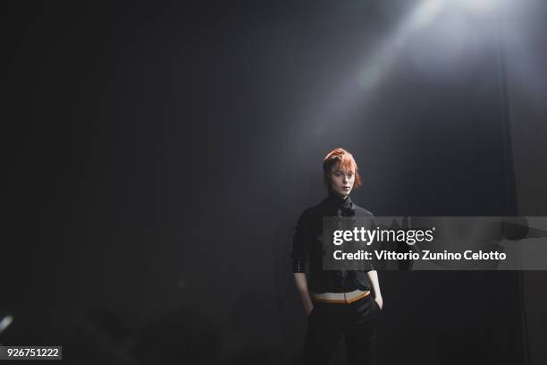 Model prepares backstage before the Haider Ackermann show as part of the Paris Fashion Week Womenswear Fall/Winter 2018/2019 on March 3, 2018 in...