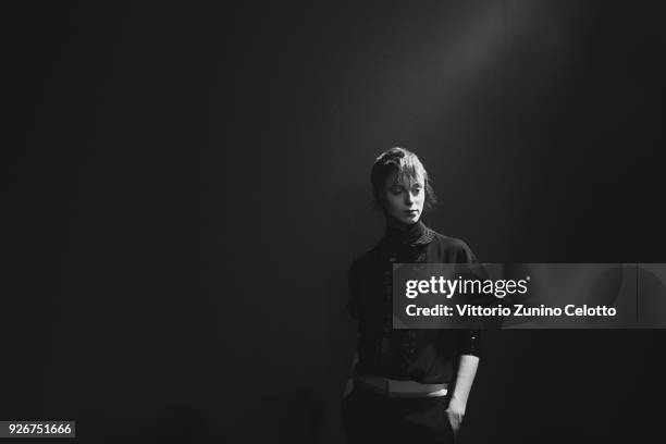 Model prepares backstage before the Haider Ackermann show as part of the Paris Fashion Week Womenswear Fall/Winter 2018/2019 on March 3, 2018 in...