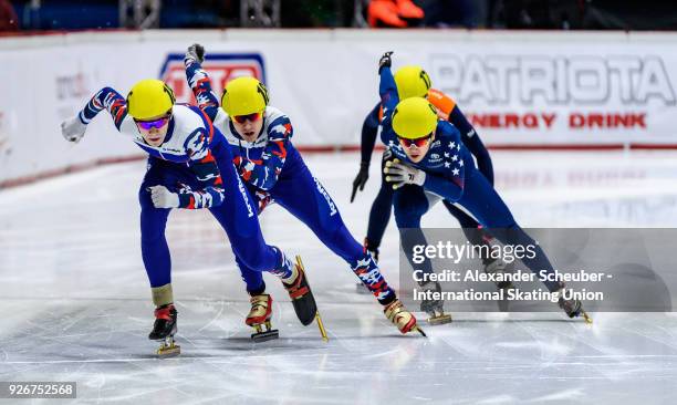 Athletes compete in the Men 500m Final B during the World Junior Short Track Speed Skating Championships Day 1 at Arena Lodowa on March 3, 2018 in...