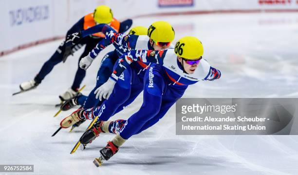 Konstantin Ivliev of Russia competes in the Men 500m Final B during the World Junior Short Track Speed Skating Championships Day 1 at Arena Lodowa on...