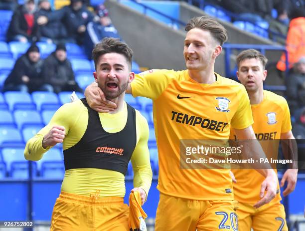 Preston North End's Sean Maguire celebrates scoring his side's third goal of the game with team mate Ben Davies during the Sky Bet Championship match...