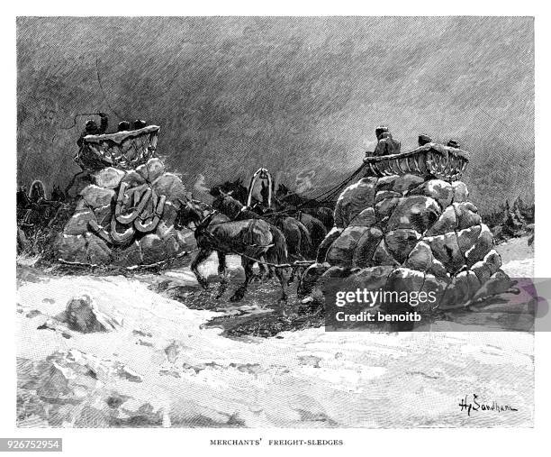 merchants' freight sledges in siberia - vintage sled stock illustrations