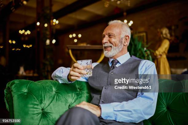 portrait of elegant senior man sitting on couch in a bar holding tumbler - 波本威士忌 個照片及圖片檔