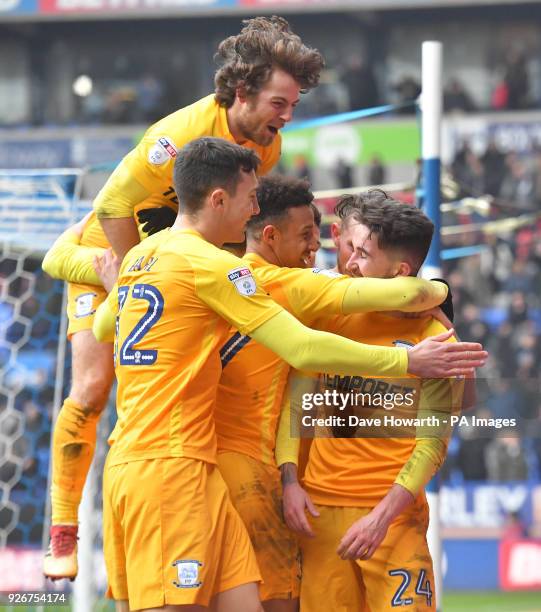 Preston North End's Sean Maguire celebrates scoring his side's third goal of the game with team-mates during the Sky Bet Championship match at the...