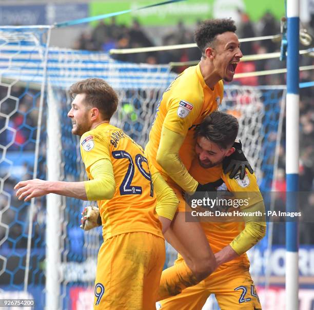 Preston North End's Sean Maguire celebrates scoring his side's third goal of the game with team-mates during the Sky Bet Championship match at the...