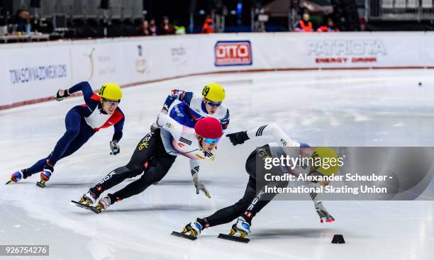 June Seo Lee of Korea competes in the Men 500m Final A during the World Junior Short Track Speed Skating Championships Day 1 at Arena Lodowa on March...