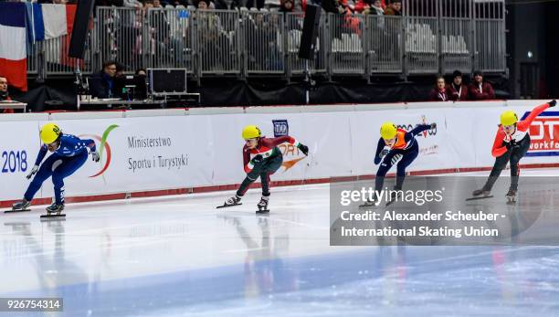 Athletes compete in the Ladies 500m Final A during the World Junior Short Track Speed Skating Championships Day 1 at Arena Lodowa on March 3, 2018 in...