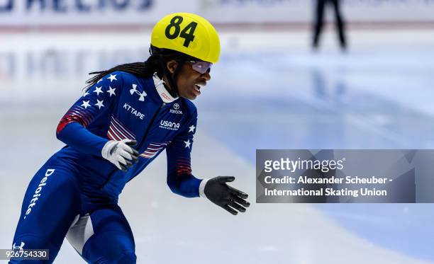 Maame Biney of USA wins the Ladies 500m Final A during the World Junior Short Track Speed Skating Championships Day 1 at Arena Lodowa on March 3,...