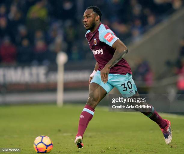 Michail Antonio of West Ham United in action during the Premier League match between Swansea City and West Ham United at Liberty Stadium on March 3,...