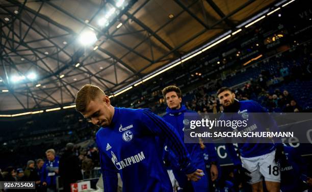 Schalke's midfielder Max Meyer reacts during the German first division Bundesliga football match Schalke 04 vs Hertha Berlin in Gelsenkirchen,...