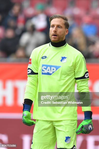 Goalkeeper Oliver Baumann of Hoffenheim looks on during the Bundesliga match between FC Augsburg and TSG 1899 Hoffenheim at WWK-Arena on March 3,...