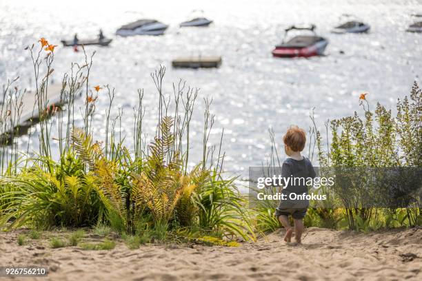 little boy walking alone on the beach in summer - drowning stock pictures, royalty-free photos & images