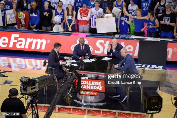 The ESPN College GameDay crew Rece Davis, Jay Williams, Seth Greenberg and Jay Bilas broadcast ahead of the game between the North Carolina Tar Heels...