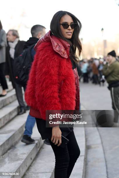 Cindy Bruna is seen leaving Elie Saab fashion show during Paris Fashion Week Womenswear Fall/Winter 2018/2019 on March 3, 2018 in Paris, France.