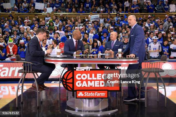 The ESPN College GameDay crew Rece Davis, Jay Williams, Seth Greenberg and Jay Bilas prepare to broadcast ahead of the game between the North...