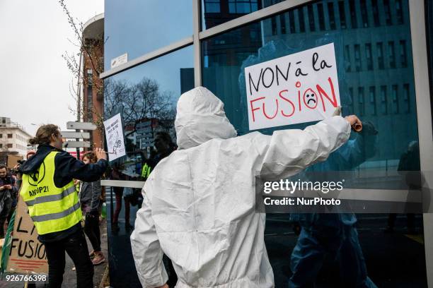 Demonstration in front of the headquarters of the Bayer company against the merger with the Monsanto company in Lyon, France, on March 3rd, 2018.