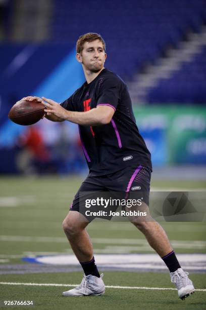 Quarterback Josh Rosen throws during the NFL Combine at Lucas Oil Stadium on March 3, 2018 in Indianapolis, Indiana.