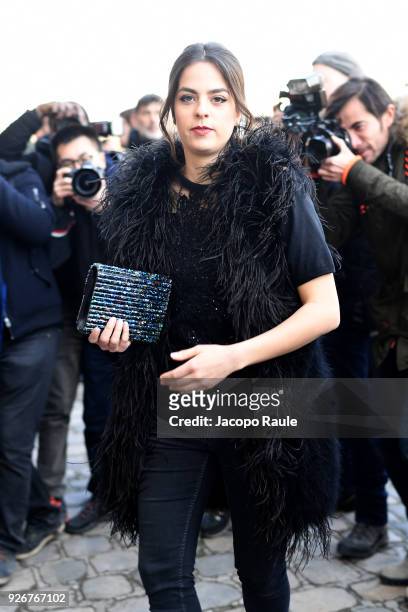 Anouchka Delon is seen leaving the Elie Saab fashion show during Paris Fashion Week Womenswear Fall/Winter 2018/2019 on March 3, 2018 in Paris,...