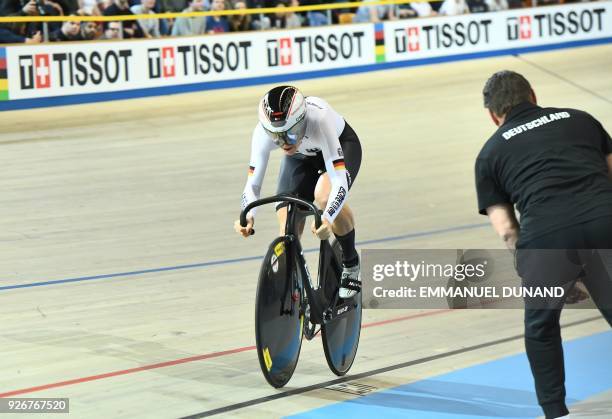 Germany's Miriam Welte competes and wins the women's 500 metre time-trial final during the UCI Track Cycling World Championships in Apeldoorn on...