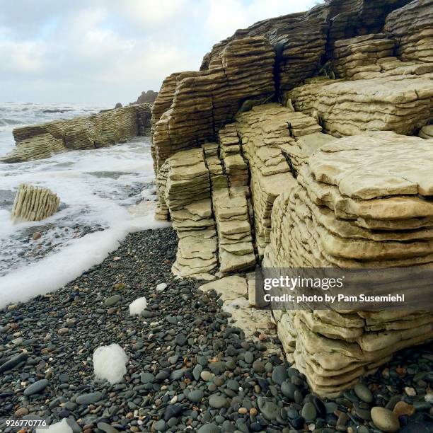 close-up of pancake rocks, punakaiki, new zealand - limestone stock pictures, royalty-free photos & images