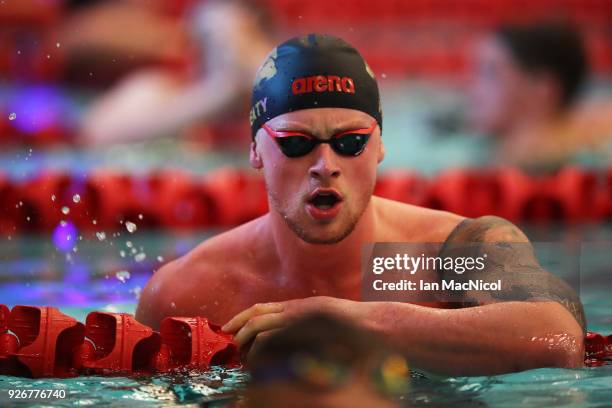 Adam Peaty of Loughboro University competes in the final of the Men's 100m Breaststroke duringThe Edinburgh International Swim meet incorporating the...