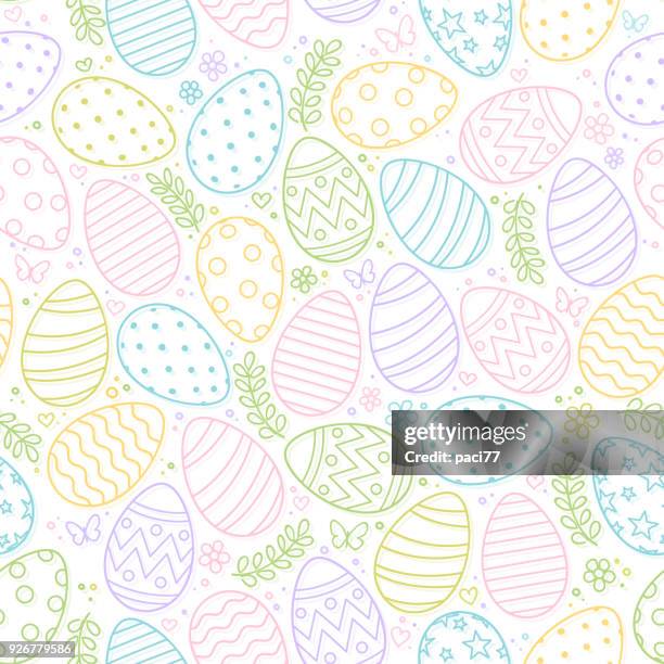 ilustraciones, imágenes clip art, dibujos animados e iconos de stock de patrón sin fisuras de huevos de pascua, flores y mariposas sobre fondo blanco - easter egg