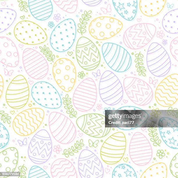 stockillustraties, clipart, cartoons en iconen met naadloze patroon van pasen eieren, bloemen en vlinder op witte achtergrond - easter pattern