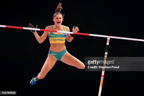 Nina Kennedy of Australia competes in the Pole Vault Womens Final during the IAAF World Indoor Championships on Day Three at Arena Birmingham on...