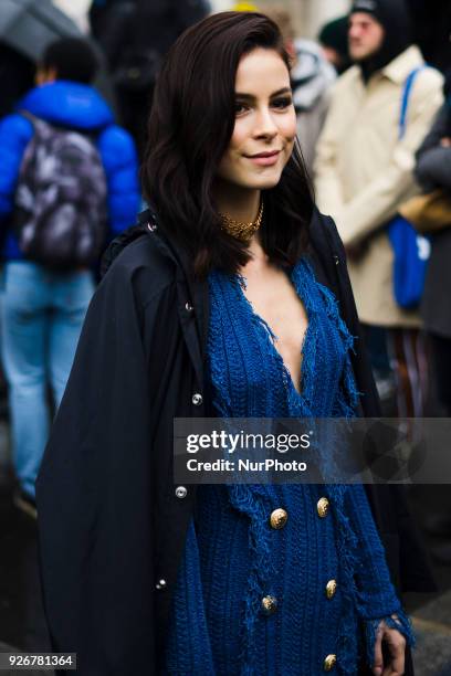 German singer Lena Meyer-Landrut is seen on the street attending Balmain during Paris Fashion Week Women's A/W 2018 Collection wearing a blue fringe...