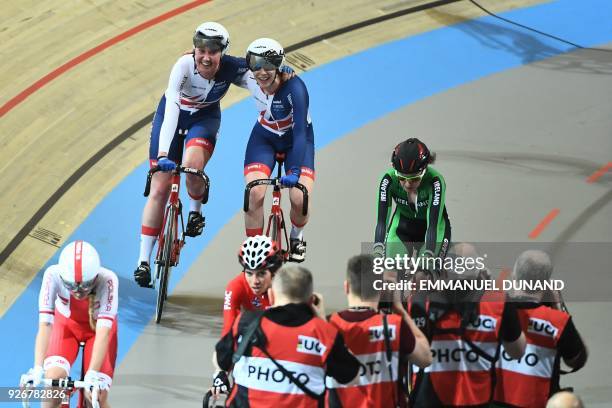 Great Britain's Katie Archibald and Emily Nelson celebrate after winning the the women's madison final during the UCI Track Cycling World...