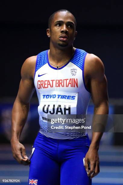 Chijindu Ujah of Great Britain reacts after being disqualified in the 60 Metres Mens Semi-Final during the IAAF World Indoor Championships on Day...