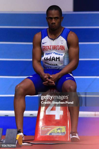 Chijindu Ujah of Great Britain reacts after being disqualified in the 60 Metres Mens Semi-Final during the IAAF World Indoor Championships on Day...