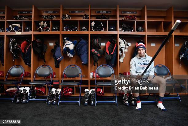Madison Bowey of the Washington Capitals sits in the locker room before playing in the 2018 Coors Light NHL Stadium Series game between the Toronto...
