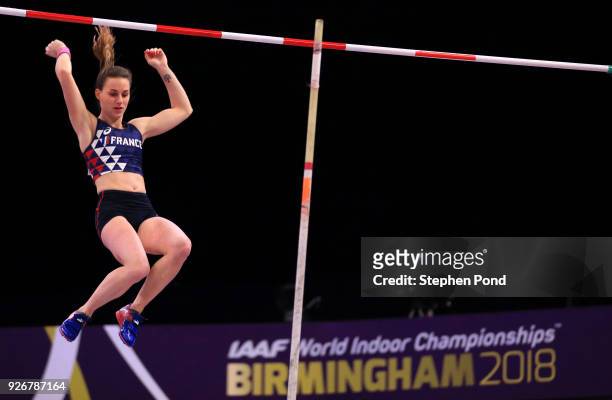 Ninon Guillon-Romarin ofFrance competes in the Pole Vault Womens Final during the IAAF World Indoor Championships on Day Three at Arena Birmingham on...