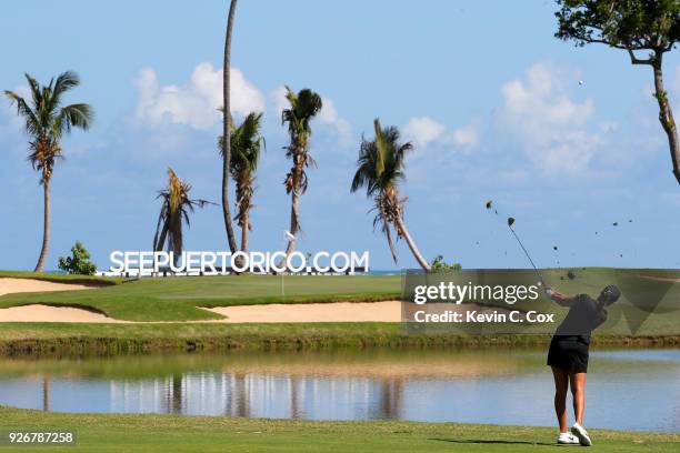 Professional golfer Cheyenne Woods plays a shot on the fourth hole during the second day of the Puerto Rico Open Charity Pro-Am at TPC Dorado Beach...