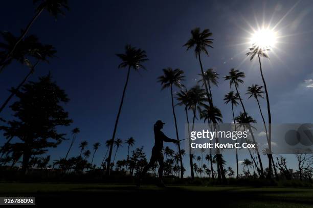 Golfer Amanda Blumenherst plays a tee shot on the fourth hole during the second day of the Puerto Rico Open Charity Pro-Am at TPC Dorado Beach on...