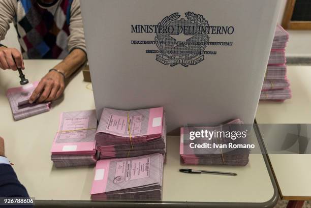 General view as the new adhesive authentication labels for the election ballots for the Senate of the Republic and the Chamber of Deputies are...