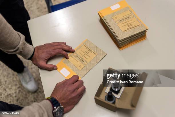 General view as the new adhesive authentication labels for the election ballots for the Senate of the Republic and the Chamber of Deputies are...