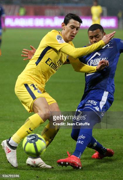 Angel Di Maria of PSG, Johann Obiang of Troyes during the Ligue 1 match between ESTAC Troyes and Paris Saint Germain at Stade de l'Aube on March 3,...