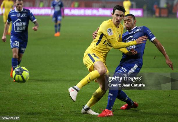 Angel Di Maria of PSG, Johann Obiang of Troyes during the Ligue 1 match between ESTAC Troyes and Paris Saint Germain at Stade de l'Aube on March 3,...