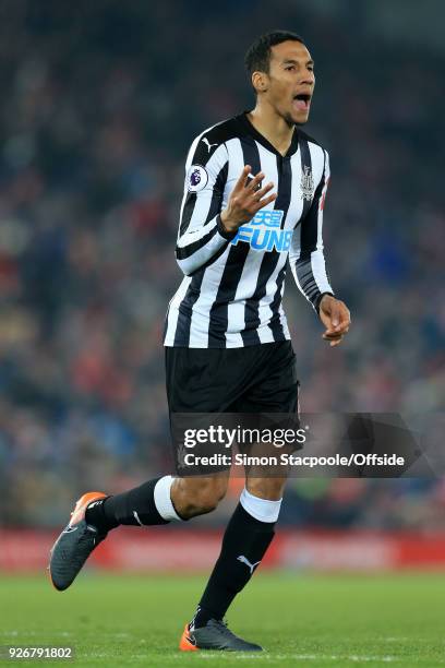 Isaac Hayden of Newcastle gestures during the Premier League match between Liverpool and Newcastle United at Anfield on March 3, 2018 in Liverpool,...