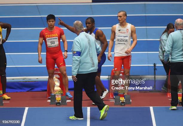 Chijindu Ujah of Great Britain is disqualified for a false start in the Men's 60 m Semi Final during Day Three of the IAAF World Indoor Championships...