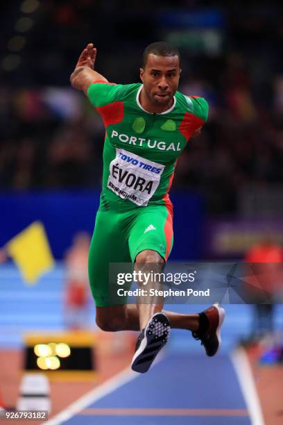 Nelson Evora of Portugal competes in the Triple Jump Mens Final during the IAAF World Indoor Championships on Day Three at Arena Birmingham on March...