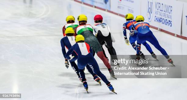 Athletes compete in the Mens Relay 3000m Semi-Final during the World Junior Short Track Speed Skating Championships Day 1 at Arena Lodowa on March 3,...