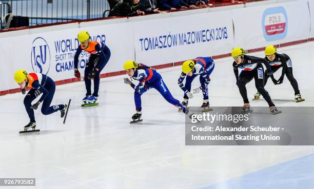 Athletes compete in the Ladies Relay 3000m Semi-Final during the World Junior Short Track Speed Skating Championships Day 1 at Arena Lodowa on March...