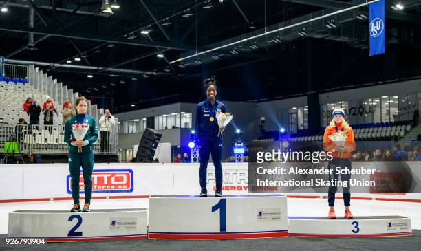 Medal ceremony with second place winning silver Petra Jaszapati of Hungary, first place winning gold Maame Biney of USA and third place winning...